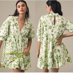 Maeve, white and green floral half sleeve babydoll cotton mini dress S